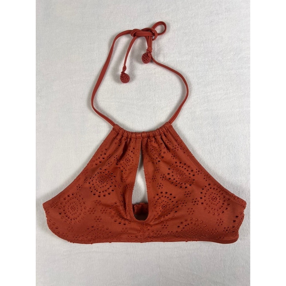 Aerie Bikini Top Wm Sm Orange High Neck Keyhole Eyelet Pom Pom Halter Preppy Y2K